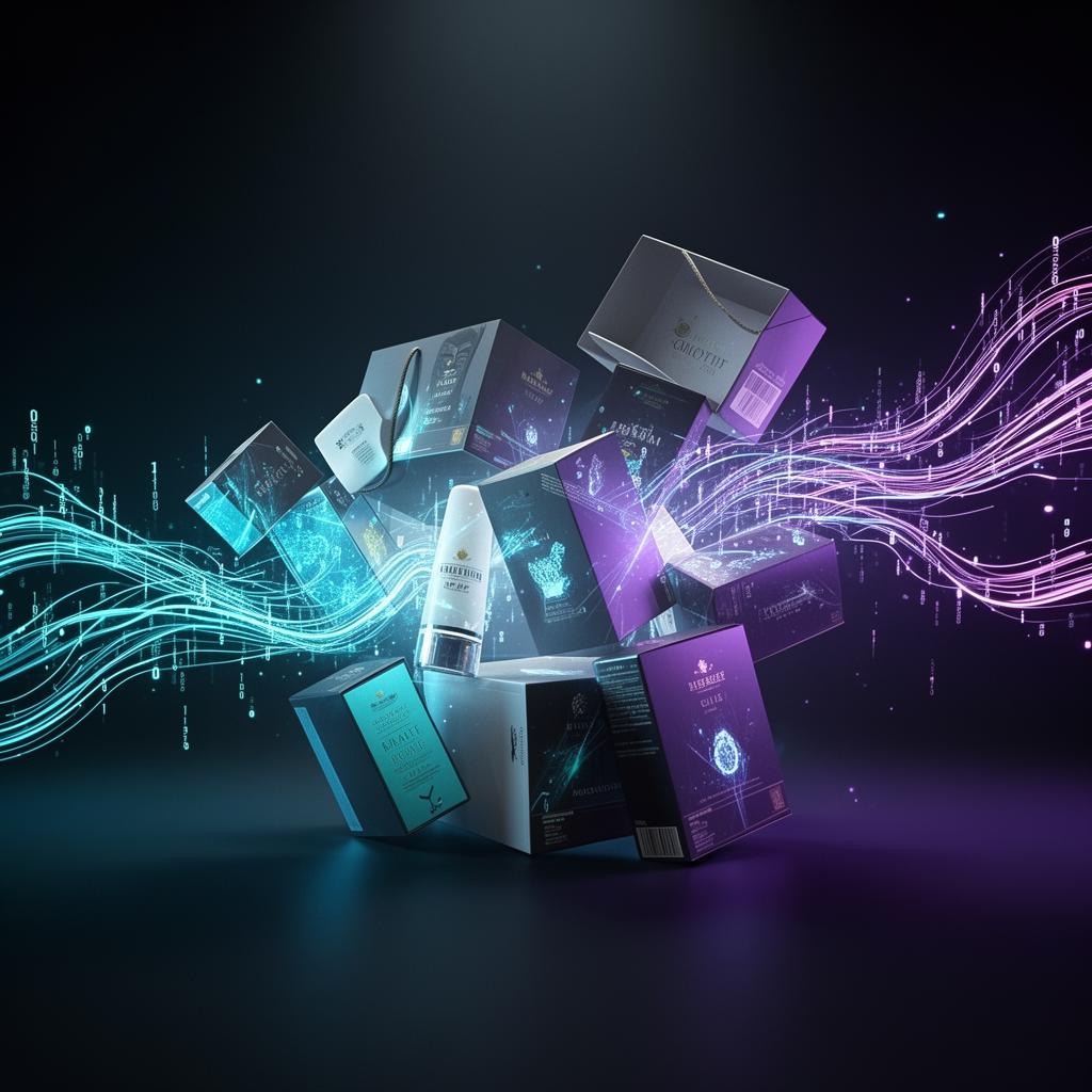 Premium product packaging surrounded by data streams